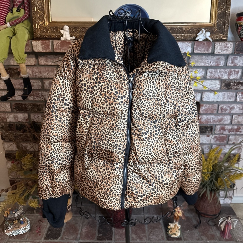 Anna Cai Womens Cropped Puffer Jacket Size L Leopard Print Oversized Bomber Coat